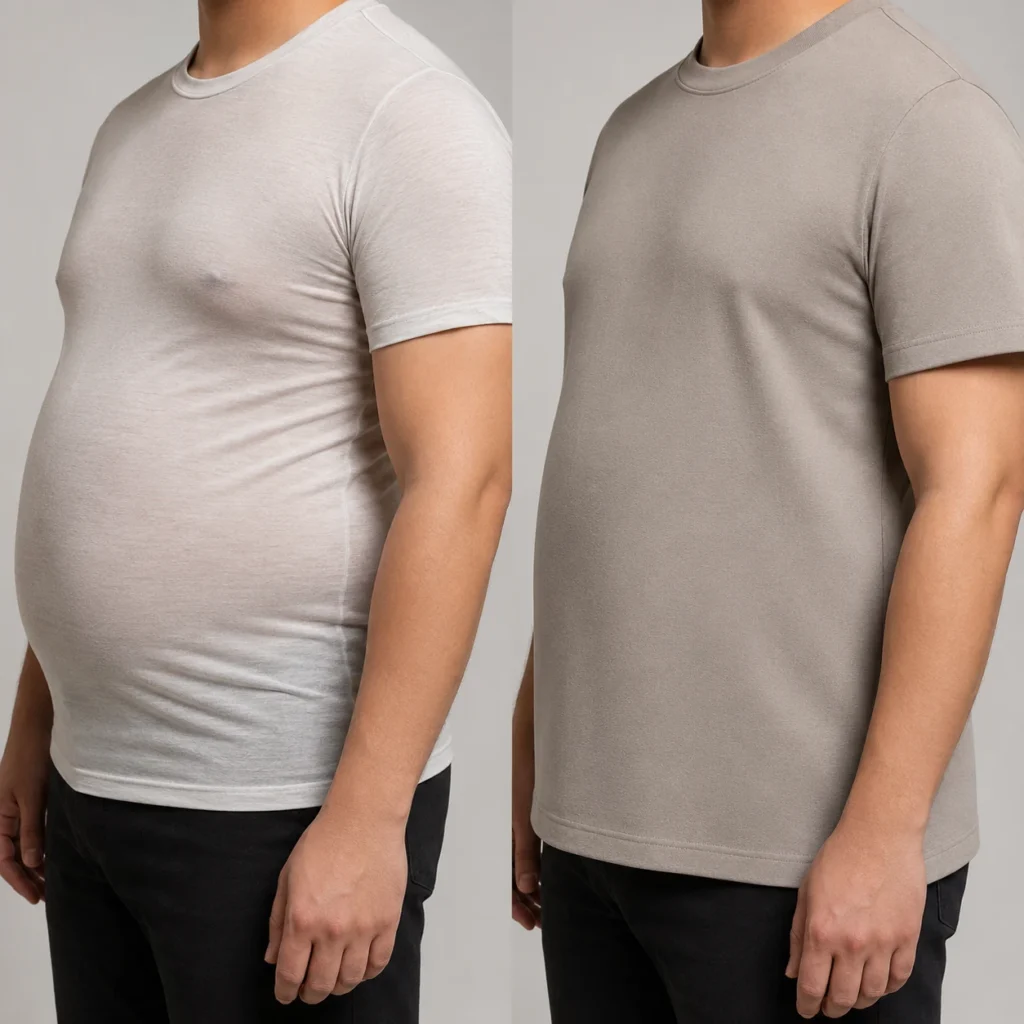 배 나온 남성이 얇고 몸에 붙는 티셔츠와 탄탄하게 아래로 떨어지는 티셔츠 원단을 비교한 모습