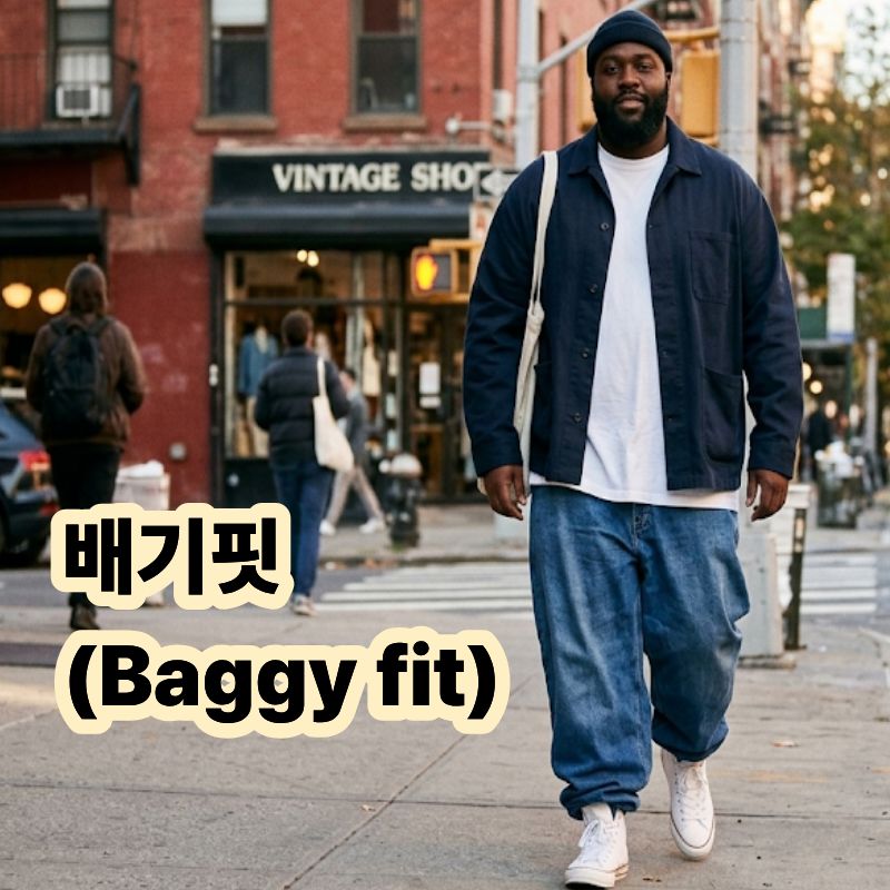 배기 핏(Baggy fit) 바지 뿐만 아니라 상의 아우터 까지 전체적인 실루엣이 헐렁하고 여유로운 것