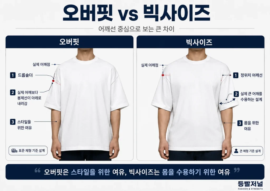 오버핏 빅사이즈 차이 어깨선 기준으로 비교한 등빨저널 인포그래픽