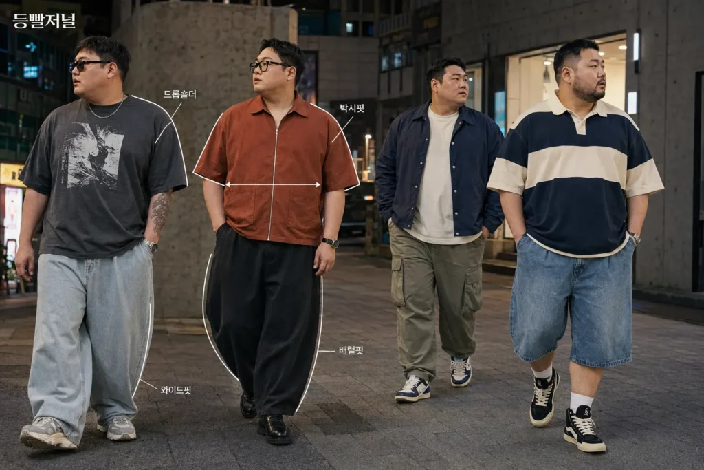 드롭숄더와 박시핏 상의에 와이드·배럴핏 팬츠를 입은 빅사이즈 남성들