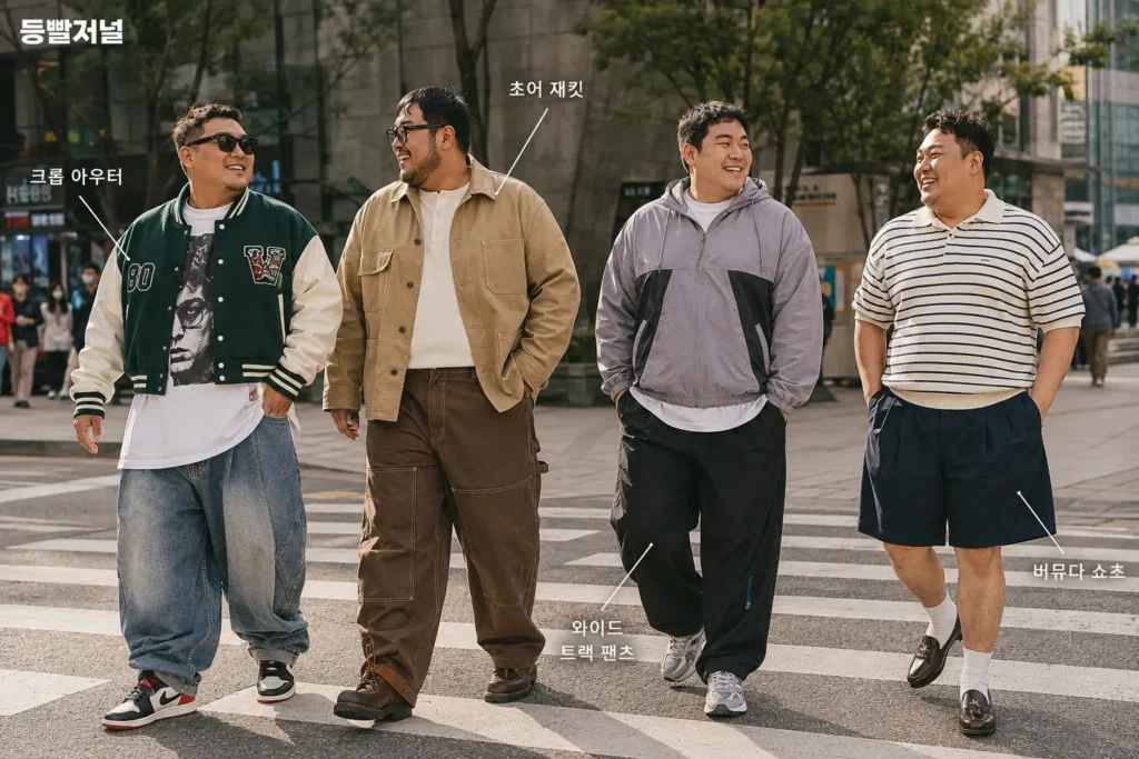바시티 재킷과 초어 재킷, 트랙 팬츠와 버뮤다 쇼츠로 연출한 빅사이즈 남성 패션