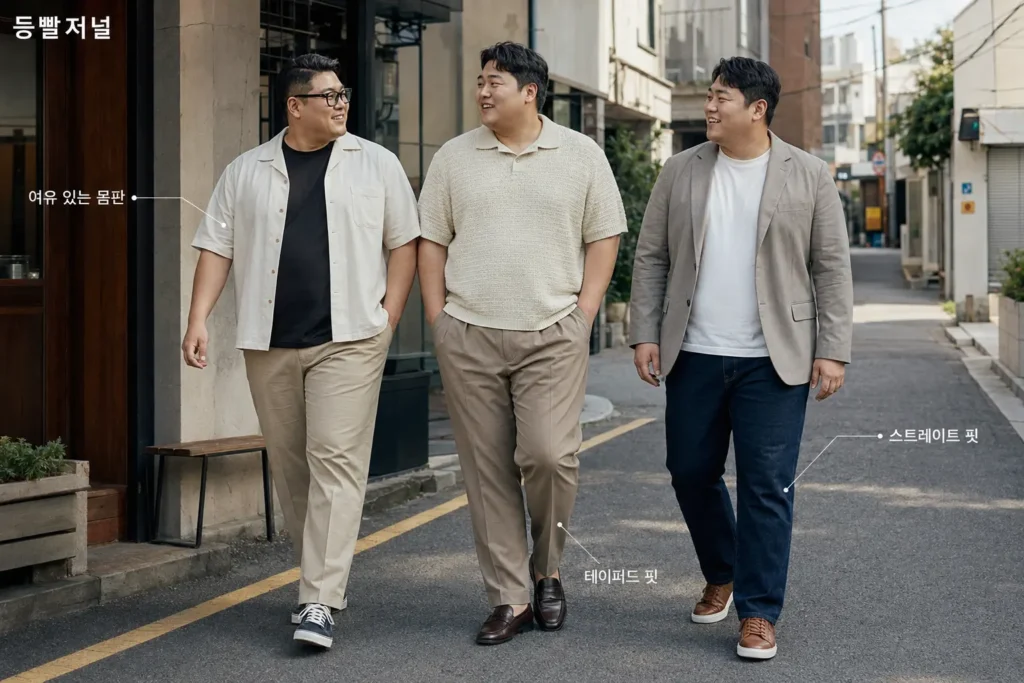 셔츠와 재킷에 테이퍼드·스트레이트 팬츠를 입은 빅사이즈 남성 세 명