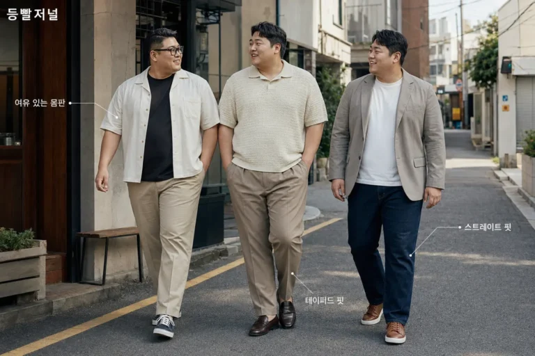 셔츠와 재킷에 테이퍼드·스트레이트 팬츠를 입은 빅사이즈 남성 세 명