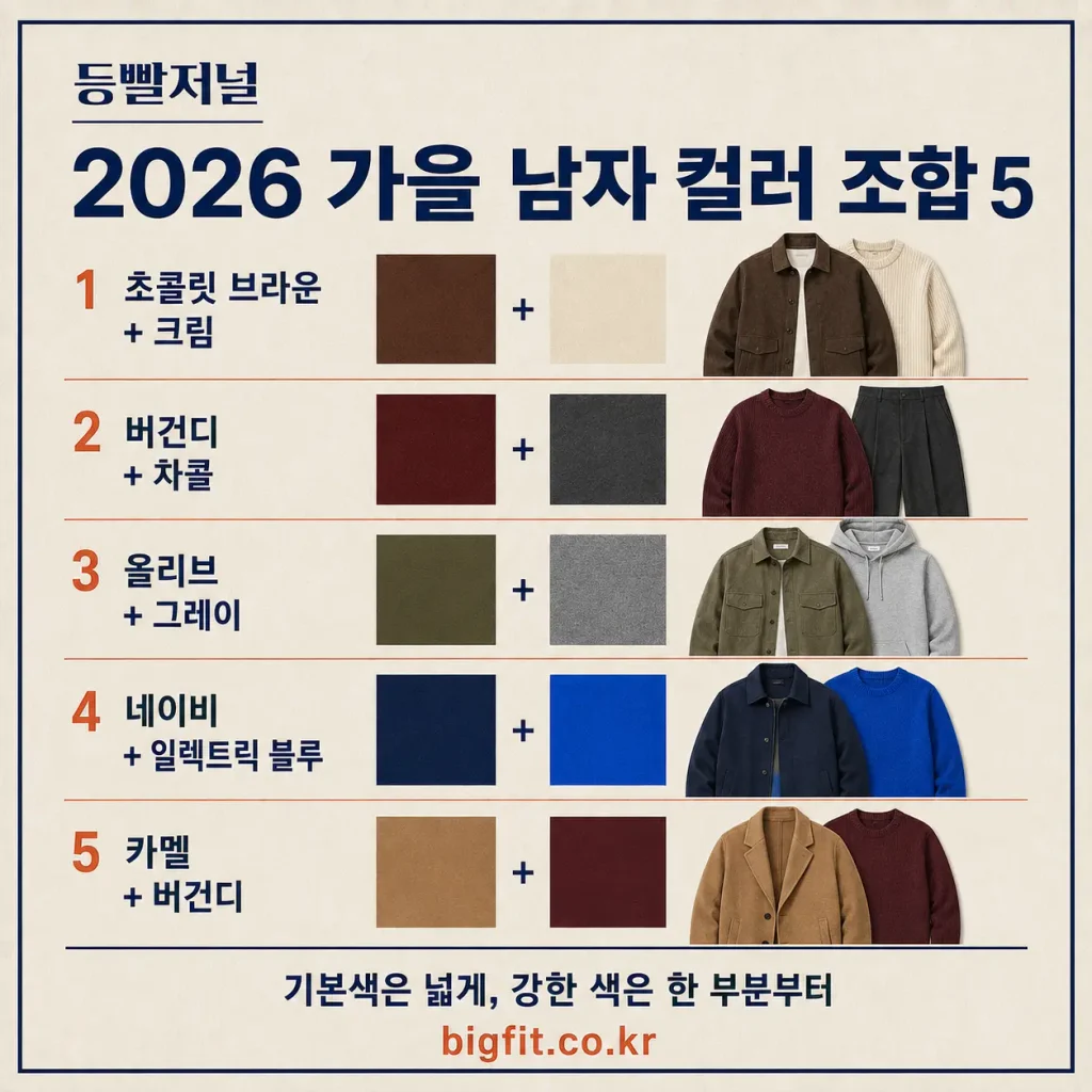 등빨저널 2026 가을남자 컬러조합 초콜릿 브라운 크림 버건디 차콜 올리브 그레이 네이비 일렉트릭 블루 카멜 버건디 조합소개