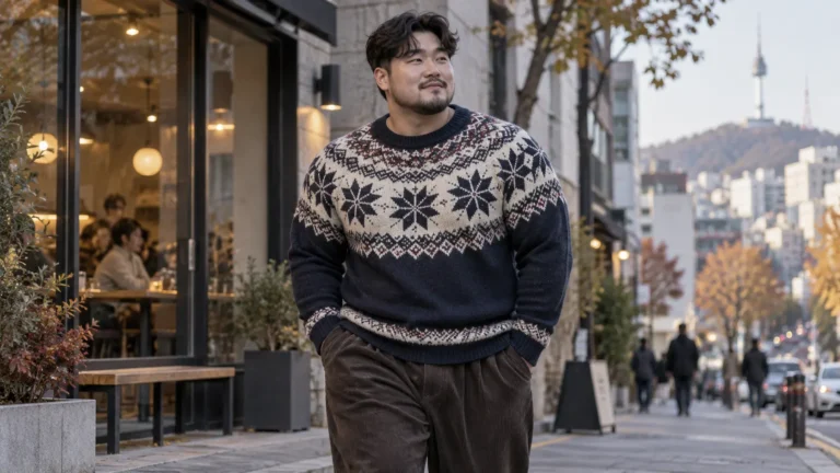 노르딕 눈꽃무늬 니트와 코듀로이 팬츠를 입은 큰 체격의 남성 가을 스타일