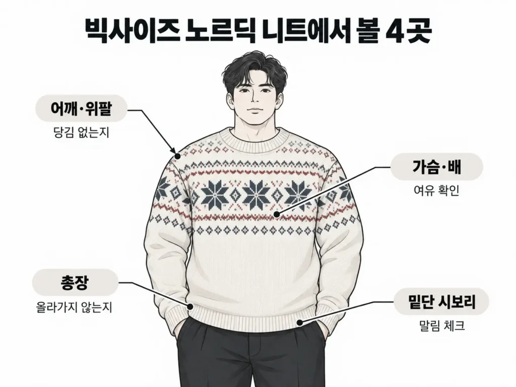 빅사이즈 노르딕 니트에서 어깨 위팔 가슴 배 총장 밑단 시보리를 확인하는 방법