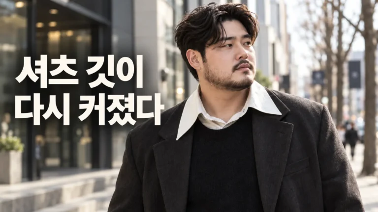 셔츠 깃이 다시 커진 트렌드를 보여주는 빅사이즈 남성의 레이어드 셔츠 스타일