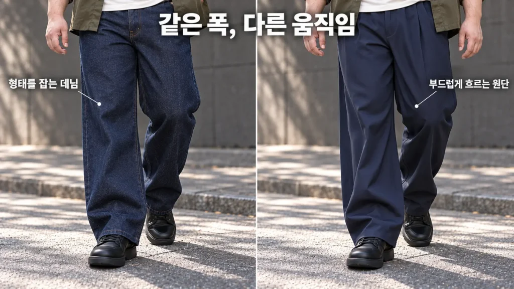 같은 핏 다른 원단의 움직임