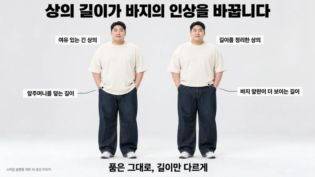 와이드팬츠 바지 상의 길이에 따라 바뀌는 인상을 보여주는 AI 생성이미지
