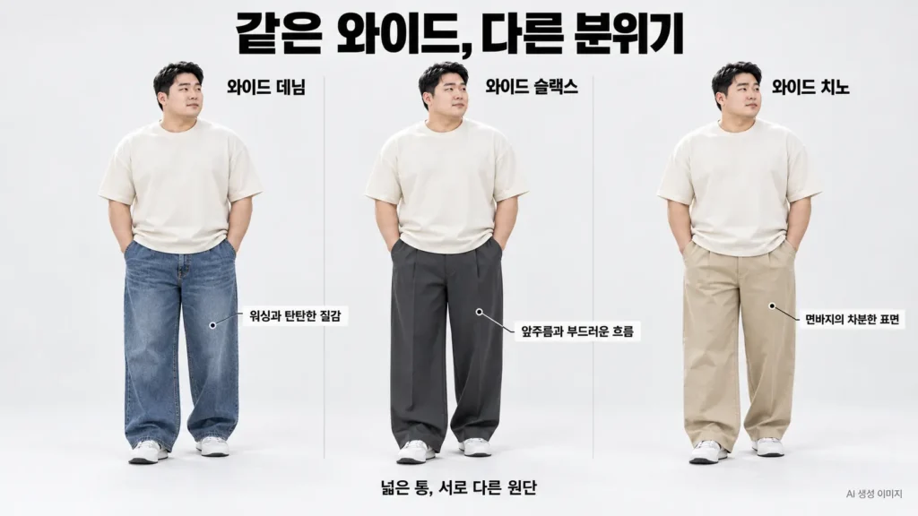 와이드팬츠 소재 원단 따라 달라지는 분위기 AI 생성이미지