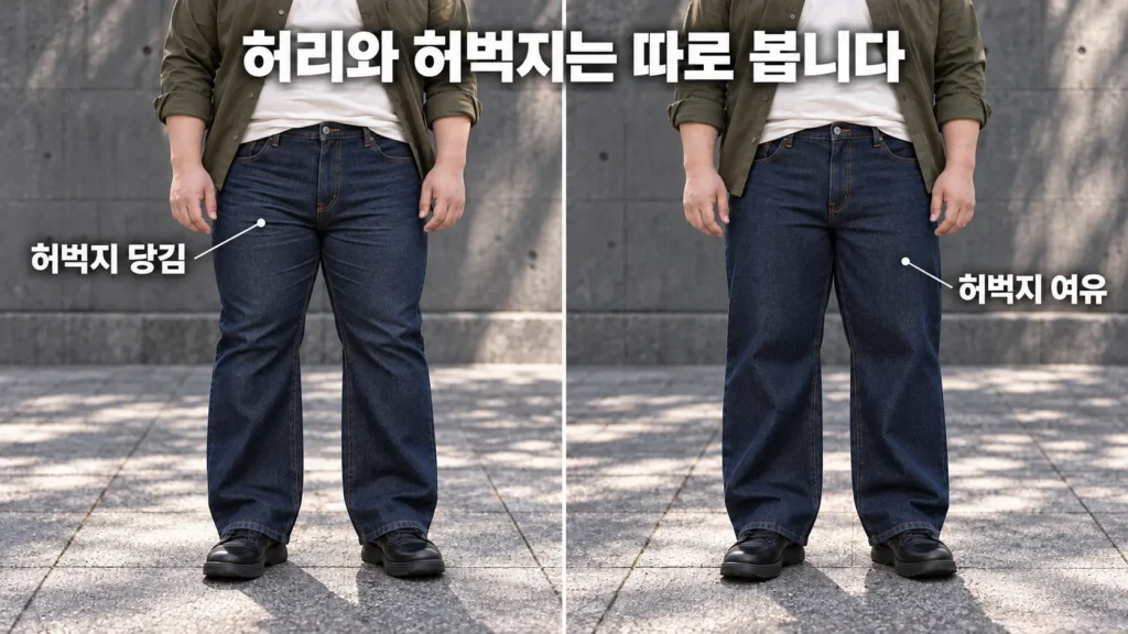 허벅지 핏 비교, 짙은 인디고 데님